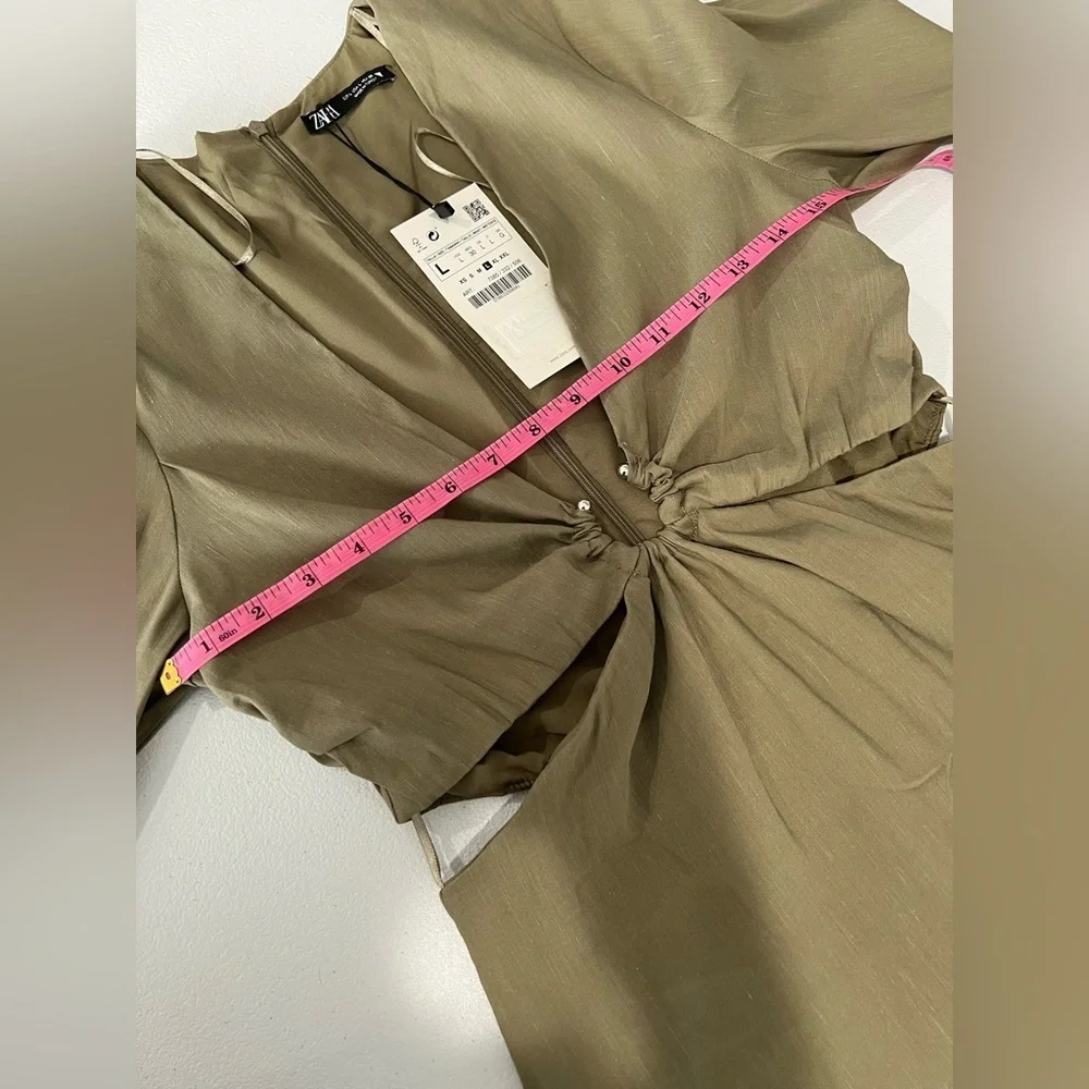 Zara * Stretchy Linen Blend Short Mini Dress Cut Out Green Olive L